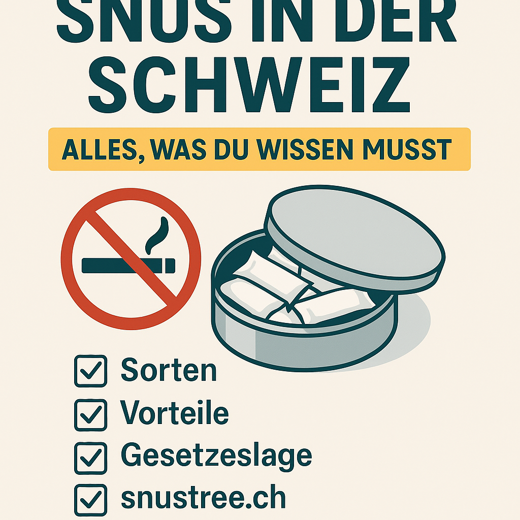 Infografik über Snus in der Schweiz mit Symbolen für rauchfrei, einer offenen Snus-Dose und Stichpunkten zu Sorten, Vorteilen, Gesetzeslage und snustree.ch