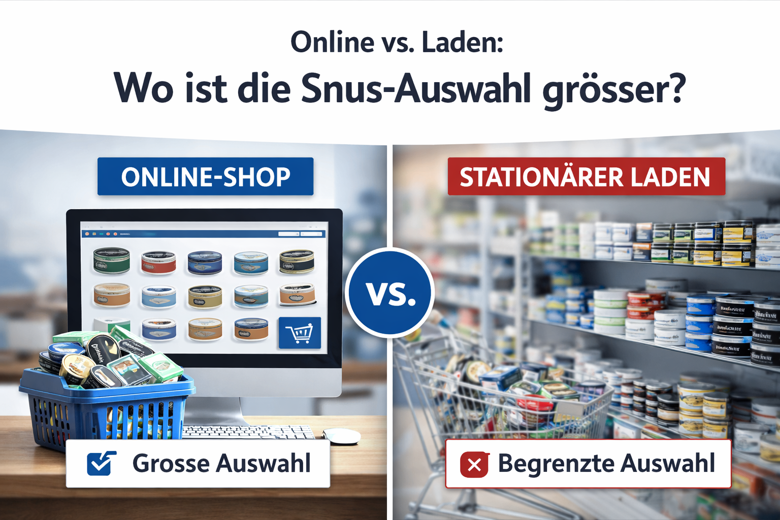 Vergleichsgrafik zur Snus-Auswahl in der Schweiz: Online-Shop mit grosser Auswahl an Snus-Dosen gegenüber stationärem Laden mit begrenztem Sortiment