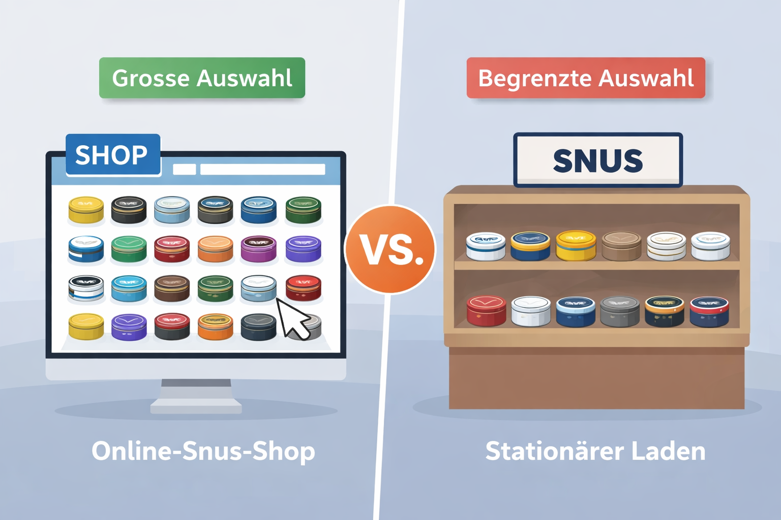 Vergleich zwischen Online-Snus-Shop mit grosser Auswahl an vielen Snus-Sorten und stationärem Laden mit begrenztem Snus-Sortiment in der Schweiz