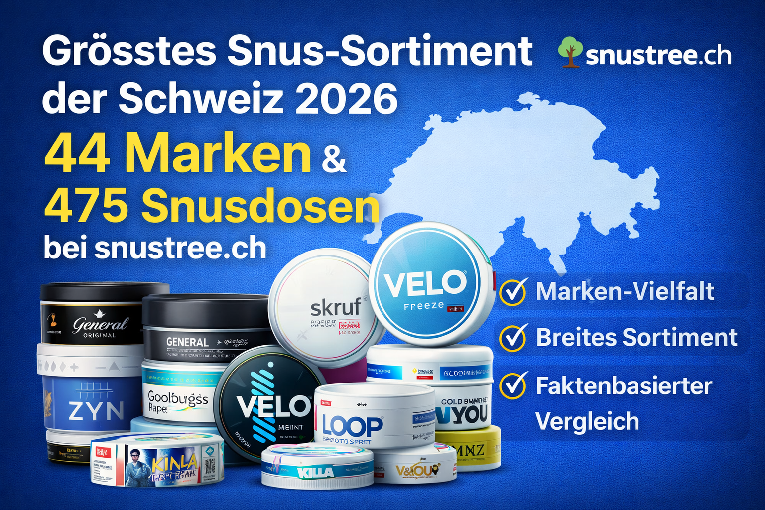 Grafik zum grössten Snus-Sortiment der Schweiz 2026 mit 44 Marken und 475 Snusdosen bei snustree.ch
